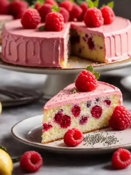 A slice of our Lemon and Raspberry Poppyseed cake, a perfect balance of tangy and sweet flavours with a lovely texture.
