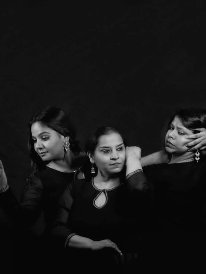 A promotional shot for 'Quest' featuring the three lead performers. The black and white photography captures the introspective and emotional depth of the stories we tell through dance.