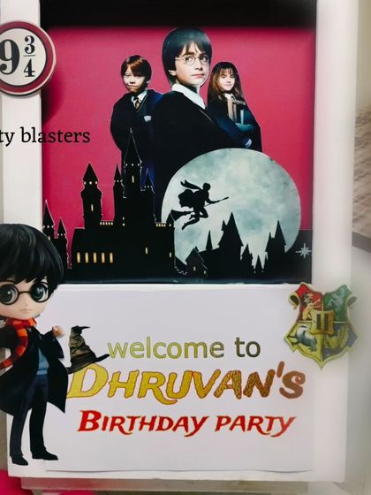 A personalized welcome sign for a Harry Potter party. We use themed graphics, fonts, and character cutouts to greet guests and set the tone from the moment they arrive.