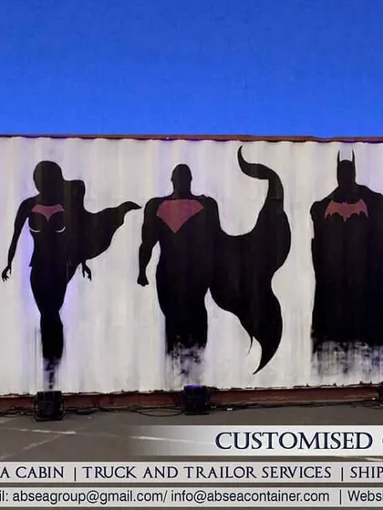 We create theme-based customized containers for events and promotions. This container, featuring superhero silhouettes, was equipped with modern fixtures for a media event.