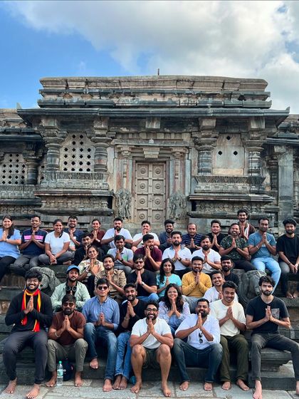 Our group paying respects at a beautiful ancient temple during the Bandaje trek.