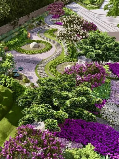 A lush garden landscape designed for the Kriya Villa Development. This rendering illustrates our principle of "functional ecology," where passive recreation spaces are woven into a sustainable landscape of native flora and meandering pathways.