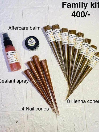 Prepare for Eid with my Family Kit, which includes 8 henna cones, 4 nail cones, and aftercare products to share with loved ones.