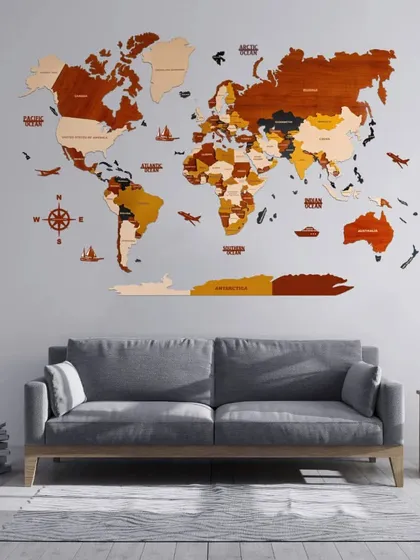 Explore the world from the comfort of your home with our 3D wooden world map. This handcrafted piece, shown here in a multi-tone wood finish, adds texture, warmth, and a global perspective to your living room or office wall.