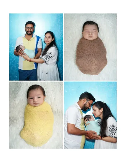 This collage shows the variety we can capture in a single newborn session, from solo portraits of the baby in different wraps to the first official family photos with mom and dad.