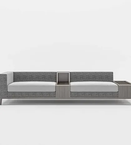 A full frontal view of our modern sofa, emphasizing its symmetrical design and the functional beauty of the central and side wooden compartments.