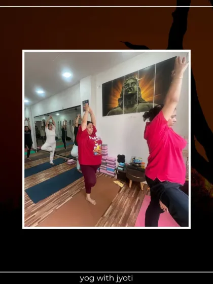 A class full of energy, practicing standing balancing poses together.