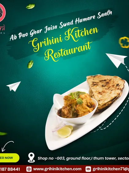 Now you can get home-style taste with me at Grihini Kitchen. This dish of chicken curry and naan shows the kind of hearty meals I provide.