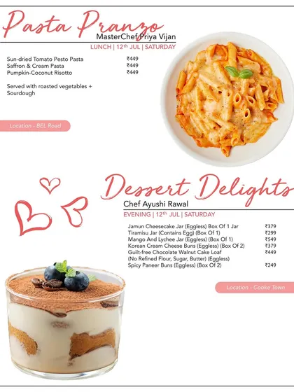 For pasta lovers, our Pasta Pranzo menu offers delightful choices like Sun-dried Tomato Pesto Pasta. Alongside, our Dessert Delights menu features eggless treats like Jamun Cheesecake Jars.