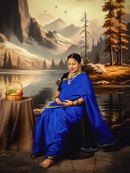 Inspired by the art of Raja Ravi Varma, this portrait captures a mom-to-be in a blue saree against a serene, painted landscape.