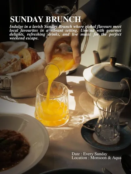 Our Sunday Brunch is an invitation to indulge. Enjoy a lavish spread where global flavors meet local favorites, complete with refreshing drinks and live music.