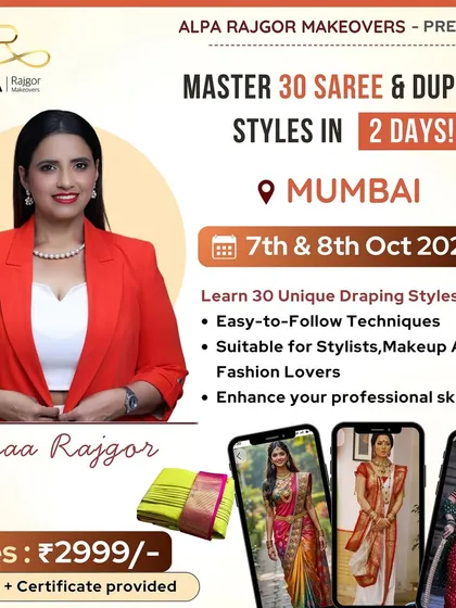 My 2-day Saree & Dupatta Draping workshop is designed for artists who want to offer a complete package. This is a hands-on course in Mumbai where you will master 30 different styles and receive a certificate to boost your professional skills.