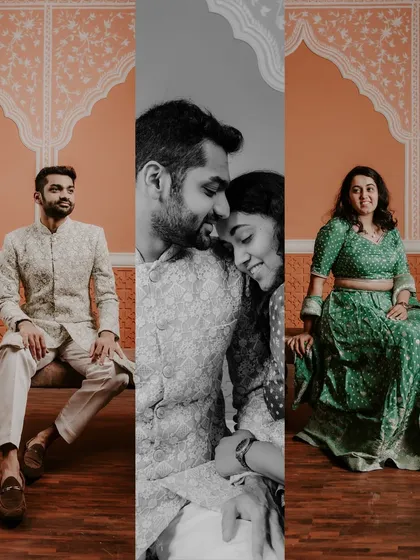 A triptych of portraits, including a black and white intimate shot, capturing different moods of the couple.