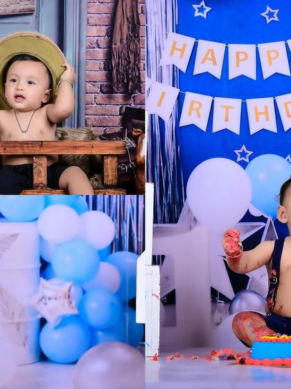 A collage showing a cowboy theme and a birthday cake smash, capturing the fun of turning one.