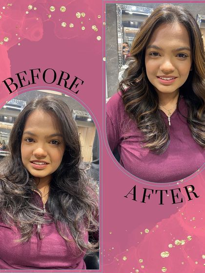 Another angle of a beautiful hair transformation. This before-and-after view shows how our balayage and styling service can completely change the texture and appearance of hair.