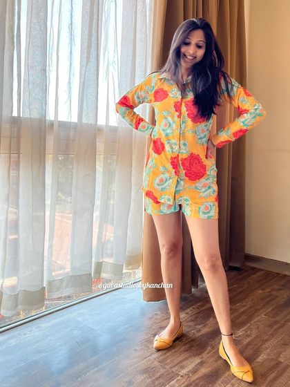 Elevate your style with our trendy shorts co-ords. This yellow floral set is perfect for a chic and comfortable look on a warm day.