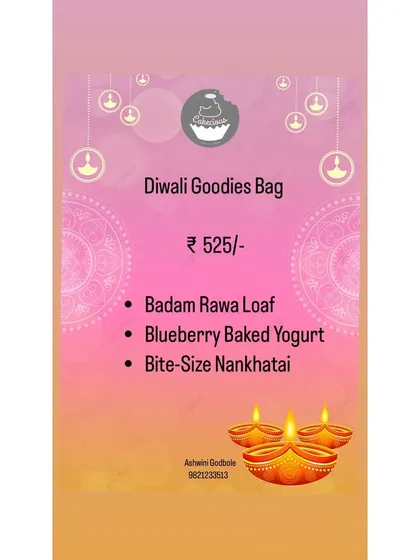 The menu for my "Diwali Goodies Bag". This option focuses on comforting, classic flavors like Badam Rawa Loaf and Nankhatai, paired with a modern baked yogurt.