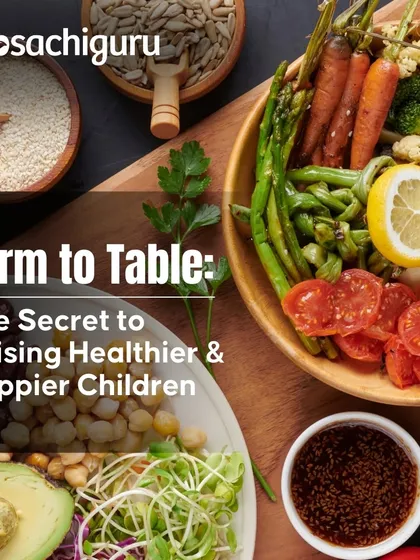 A blog post graphic about the farm-to-table secret for raising healthier and happier children. It's about leading by example and embracing a lifestyle connected to where food comes from.