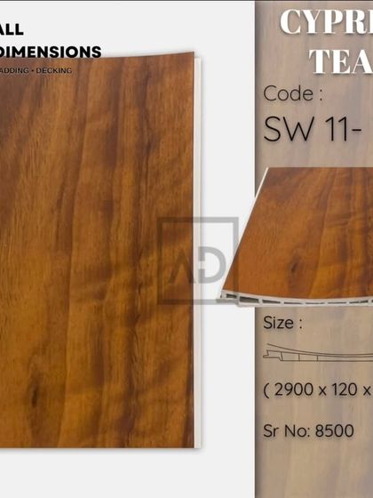 A sample of the 'Cypress Teak' plank. This option provides a rich, medium-brown tone with a realistic wood grain, ideal for elegant wall paneling.