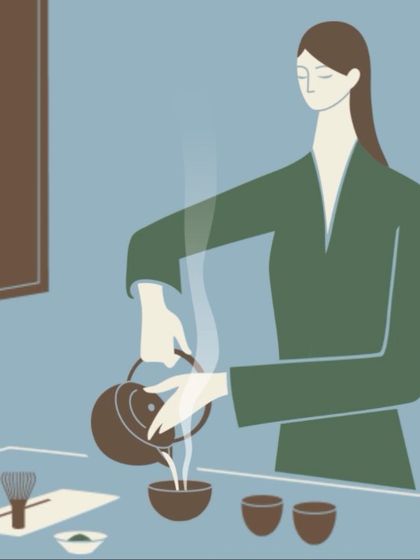 A close-up of the tea ceremony illustration for 'Felicity.' The focus on the simple act of pouring tea emphasizes the trend's core idea: finding happiness in well-considered actions and objects.