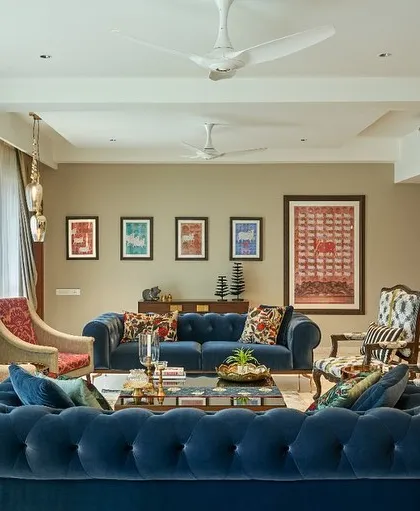 This living room features a set of five artworks from my modern Pichwai series. I reinterpreted this 400-year-old art form with contemporary sensibilities, using earthy tones and highlighting the sacred Nandi bull.