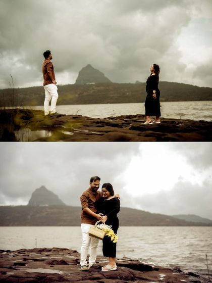 A collage showing the couple on a rocky shore with a mountain view. The images capture them looking at each other from a distance and in a close embrace, telling a story of coming together.