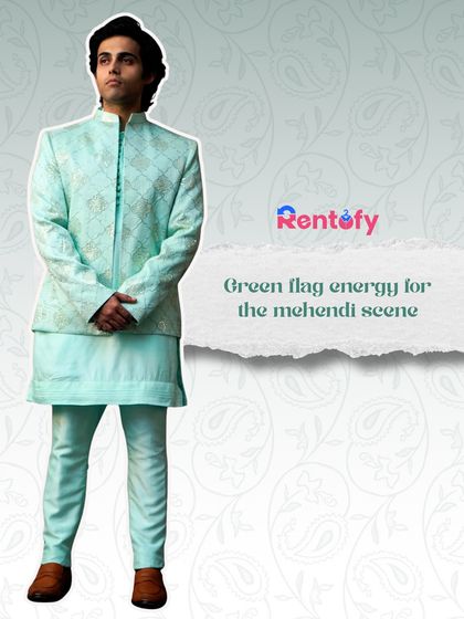 Green flag energy for the mehndi scene. A graphic featuring our light green sherwani, a fresh and stylish choice for daytime events.