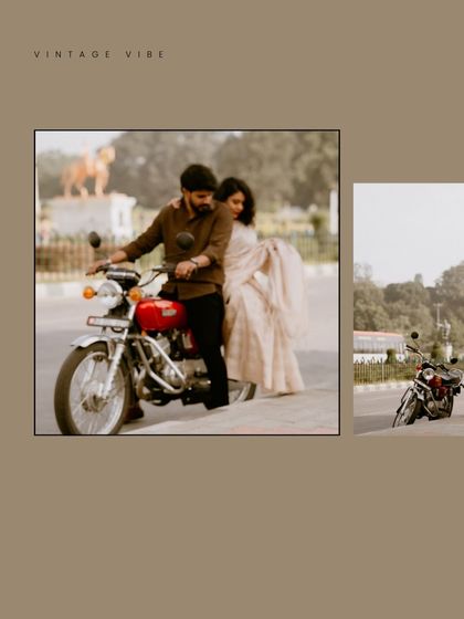 A classic shot of the couple on a vintage motorcycle, embodying a cool, retro vibe perfect for a unique pre-wedding theme.