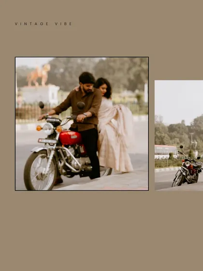 A classic shot of the couple on a vintage motorcycle, embodying a cool, retro vibe perfect for a unique pre-wedding theme.
