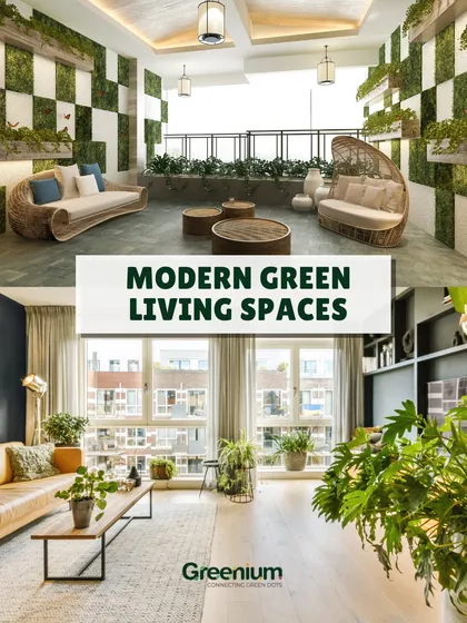 An inspiration image showcasing modern green living spaces. It highlights how both indoor and outdoor areas can be designed with plants to create a cohesive, nature-inspired home.