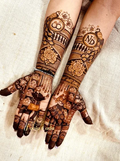 The full view of the engagement bridal design, combining personal elements with beautiful floral and traditional patterns.