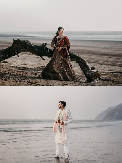 A diptych of the bride and groom's individual portraits from their beach wedding, capturing their elegance and style.
