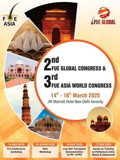 The official poster for the 2nd FUE Global & 3rd FUE Asia World Congress in New Delhi, detailing the 4-day event structure.