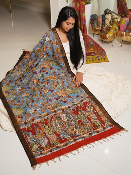 This is a glimpse into my Kalamkari Edition, featuring a wide array of hand-painted dupattas and fabrics from the Indralokam series. Each piece is a unique story, available for you to customize into your dream outfit.