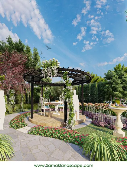 We create timeless and romantic garden settings, like this perennial garden designed for seasonal color and fragrance. The layout features a stone pathway leading to a classic pergola seating area, surrounded by layered flowerbeds and manicured shrubbery, crafting a picturesque and inviting escape.