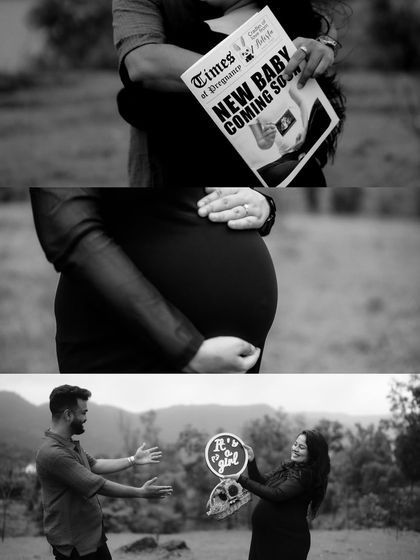 A dynamic black and white collage telling the story of their gender reveal. It includes an embrace, a bump close-up, and the joyful moment they reveal "It's a girl!".