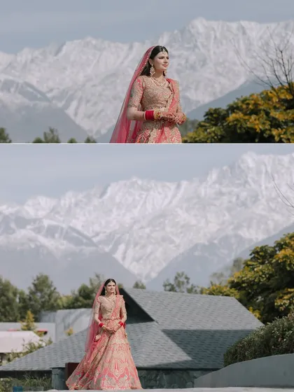 A bride standing against the magnificent snow-capped mountains of Dharamshala. For me, a destination wedding is about making the stunning landscape a part of your story.