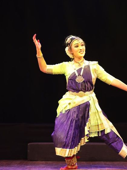 A solo dancer in a moment of pure grace and expression at the Sadhana festival. Our training focuses on both technical skill and the emotional aspect of dance.