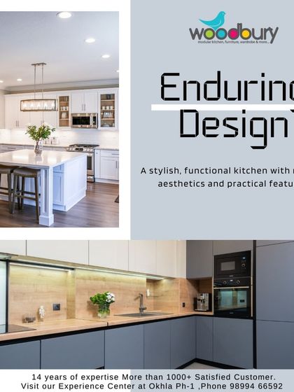 Enduring design means creating a kitchen that is stylish and functional for years to come. This graphic shows two examples of modern aesthetics with practical features.