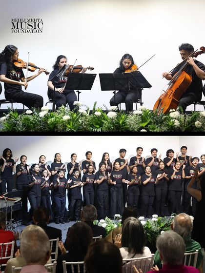 A collage celebrating our 30th anniversary, featuring our talented string quartet and choir. Ensemble work is at the heart of our foundation's musical journey.