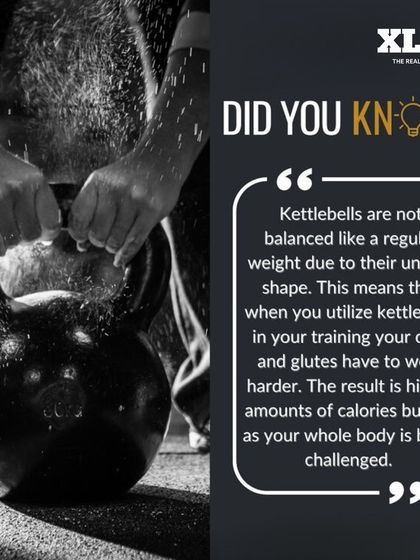 Did You Know? An informational graphic explaining why kettlebells are so effective for burning calories due to their unique shape.