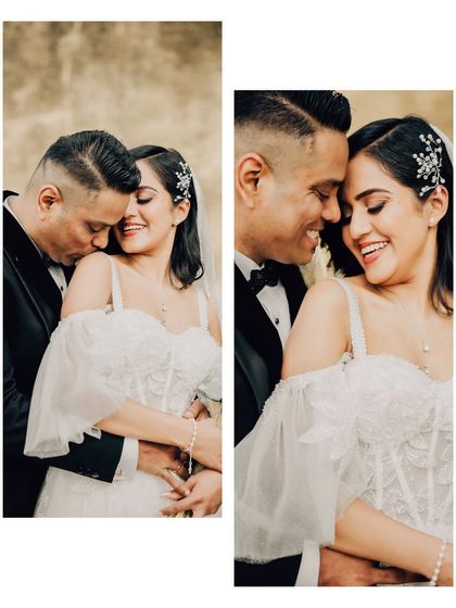 A diptych showing two intimate moments. One a gentle kiss, the other a shared smile, capturing the range of emotions on a wedding day.