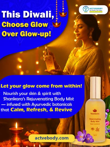 This Diwali, I encourage you to choose glow over a glow-up. This image of a woman with Shankara's Rejuvenating Body Mist is a reminder to let your glow come from within by nourishing your skin and spirit with Ayurvedic botanicals.