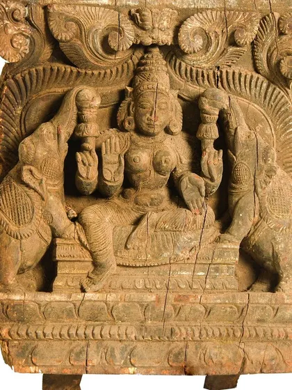 This panel of Gaja Lakshmi, flanked by elephants, required careful cleaning to reveal the fine details of the carving. Our work on these 200 chariot pieces was a monumental exercise in heritage preservation.