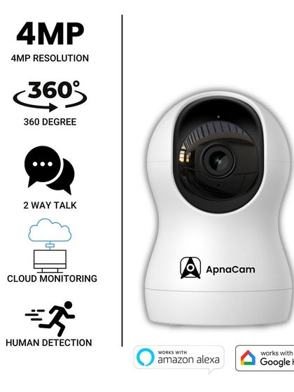 A feature list for our 4MP indoor camera. It boasts 360-degree rotation, two-way talk, cloud monitoring, and human detection for complete security.