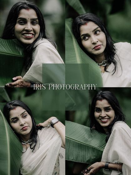 A collage of portraits from the "white and green" series, showcasing different expressions and angles while using a large leaf as a creative prop.