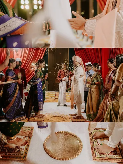 A collage detailing the key rituals of a Maharashtrian wedding, from the exchange of garlands to the saptapadi (seven steps).
