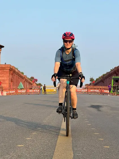 A member riding through the iconic North Block area on her birthday ride.