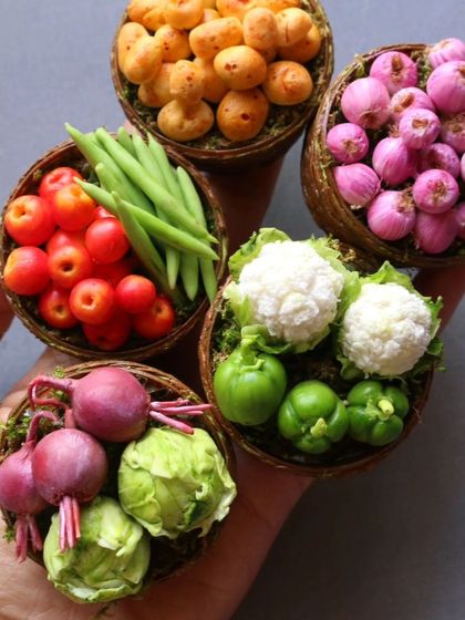 A handful of my miniature vegetable baskets, showing the vibrant colors and textures.