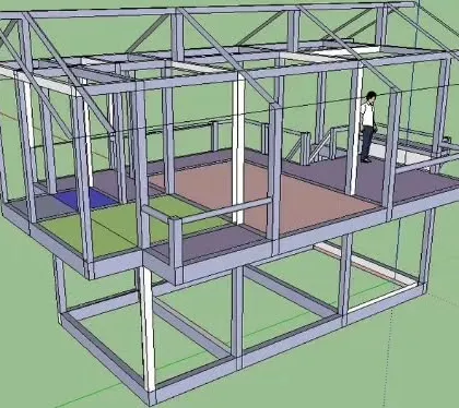 3D structural models of a double-story prefab building. These designs show the intricate MS pipe structure, including the layout for floors, stairs, and roof, which we use for planning and engineering.